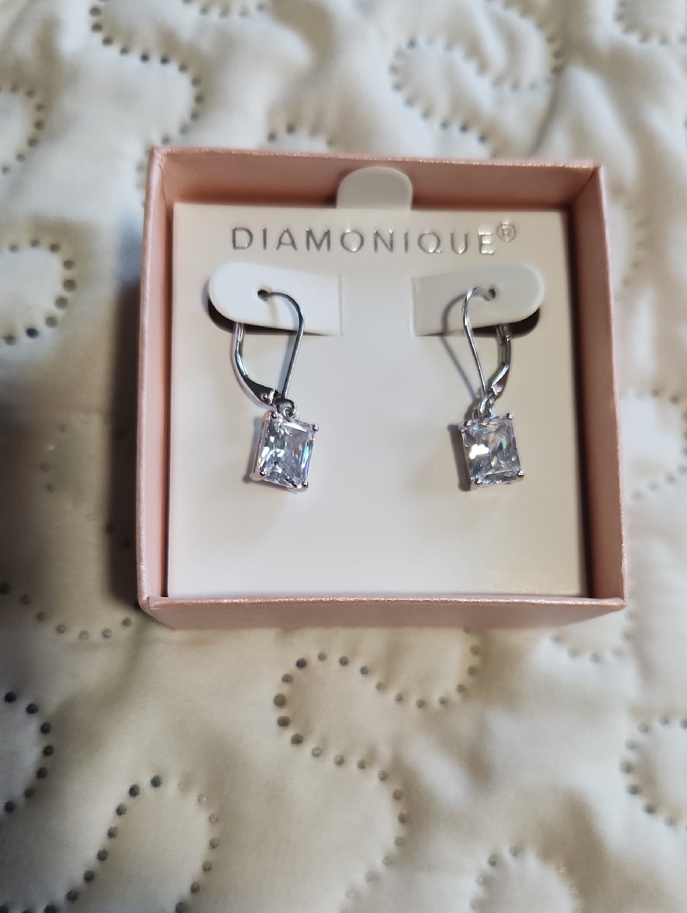 Diamonique Silver Clear Emerald-Cut Drop Earrings